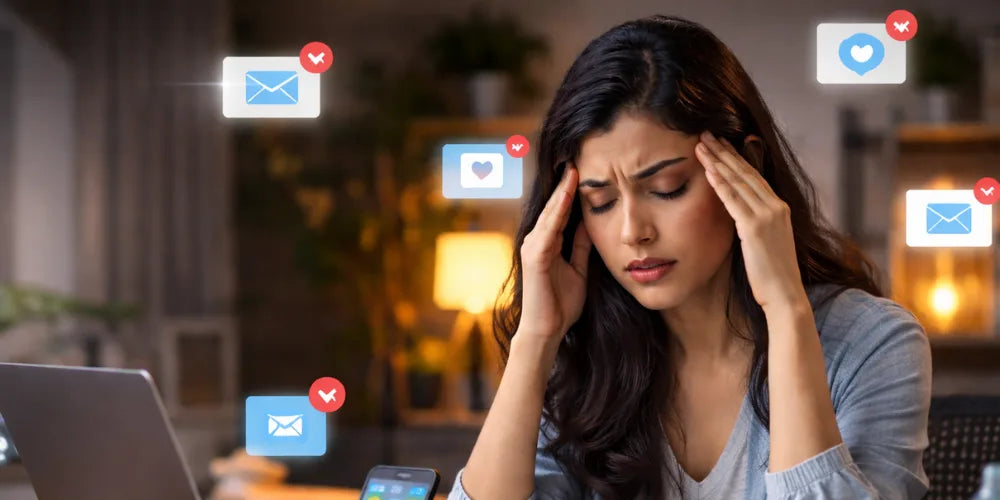 Young professional experiencing migraine from digital overload, notifications, and screen stress while working on laptop and smartphone.