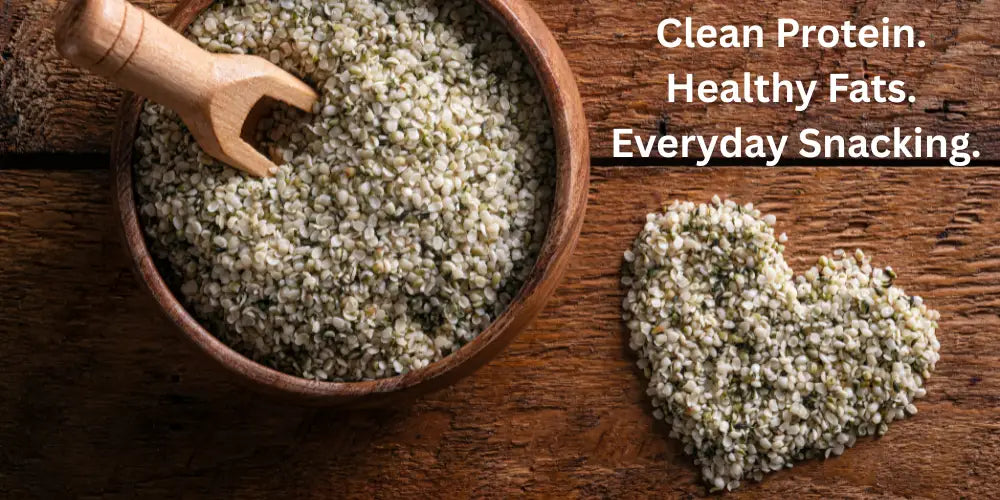 Hemp seeds showing their nutritional value as a source of complete plant protein, omega fatty acids, magnesium and essential minerals.