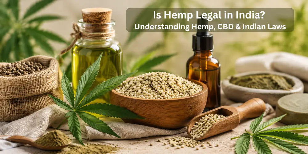 Hemp seeds, hemp oil and cannabis leaves representing hemp legality and CBD wellness products in India
